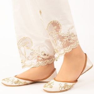White embroidered Raw silk pants